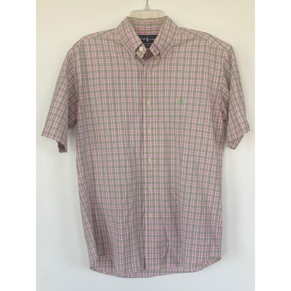 Ralph Lauren Mens M Classic Fit Plaid Button Down Shirt Pink Green Short Sleeve